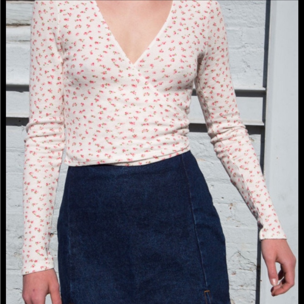 Brandy Melville White with Pink Flowers Coco Wrap Top
